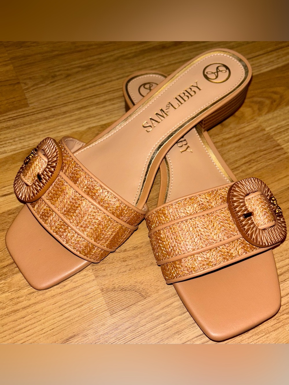 Sam & Libby Tan Woven Buckle Slide Mules